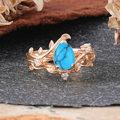 Elegant 3 - Prong Pear - Cut Turquoise Stackable Ring Set