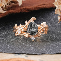 Elegant 3 - Prong Pear - Cut Natural Black Rutilated Quartz Stackable Ring Set