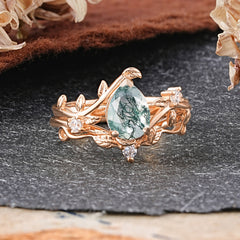 Elegant 3 - Prong Pear - Cut Natural Moss Agate Stackable Ring Ensemble
