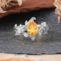 Elegant 3 - Prong Pear - Cut Citrine Stackable Ring Set