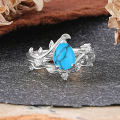 Elegant 3 - Prong Pear - Cut Turquoise Stackable Ring Set