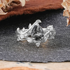 Elegant 3 - Prong Pear - Cut Natural Black Rutilated Quartz Stackable Ring Set