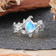 Elegant 3 - Prong Pear - Cut Moonstone Stackable Ring Set
