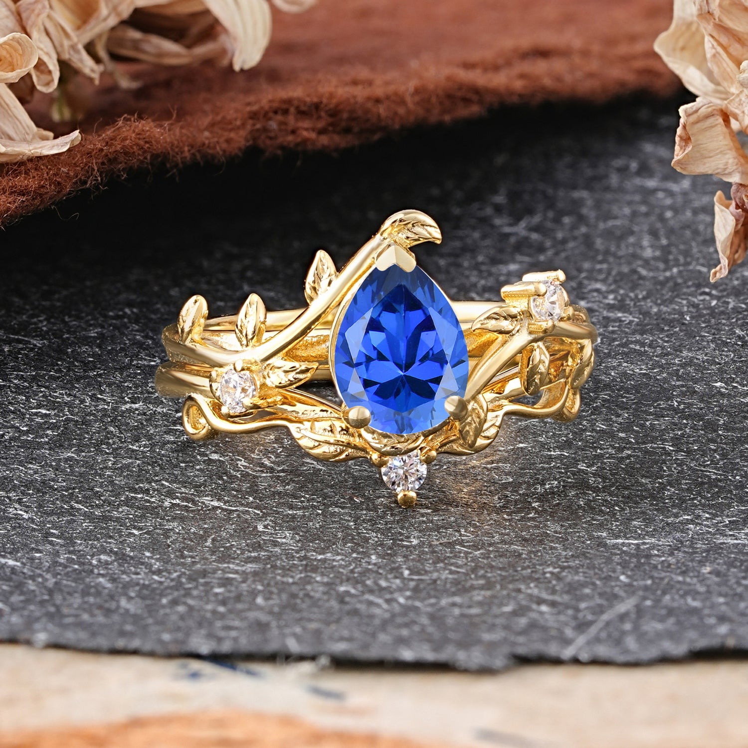 Elegant 3 - Prong Pear - Cut Sapphire Bridal Ring Set
