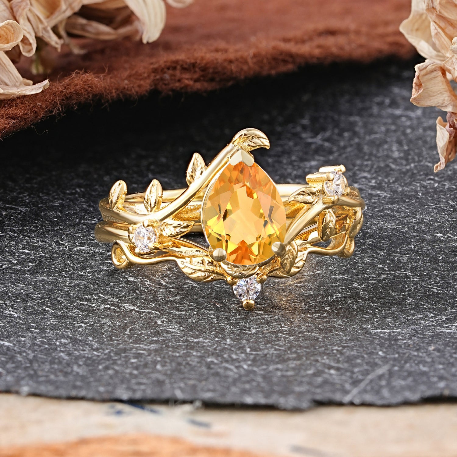 Elegant 3 - Prong Pear - Cut Citrine Bridal Ring Set