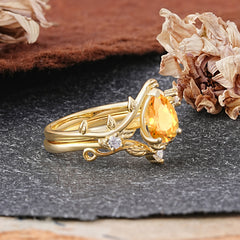 Elegant 3 - Prong Pear - Cut Citrine Stackable Ring Set