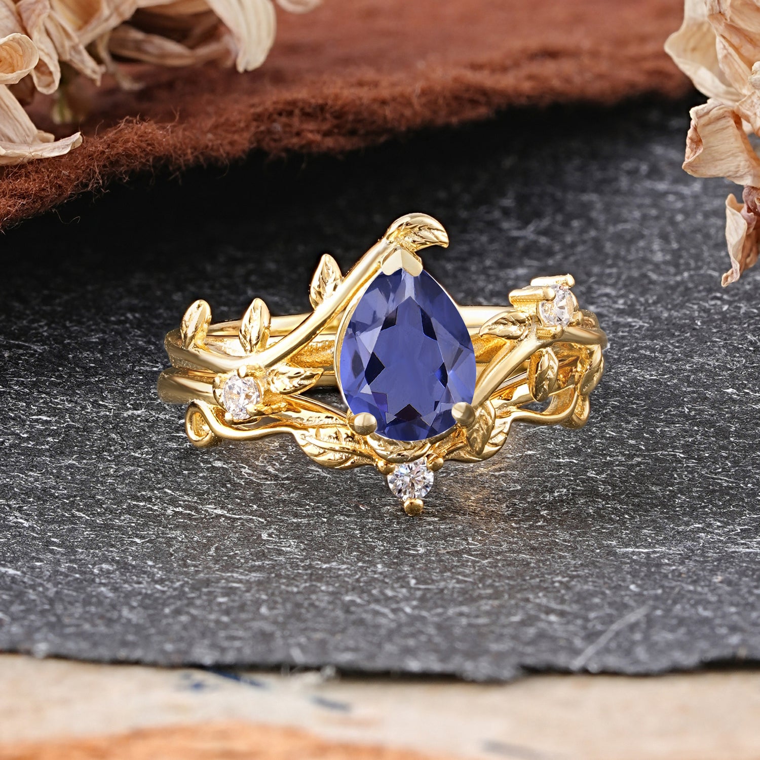 Elegant 3 - Prong Pear - Cut Tanzanite Bridal Ring Set