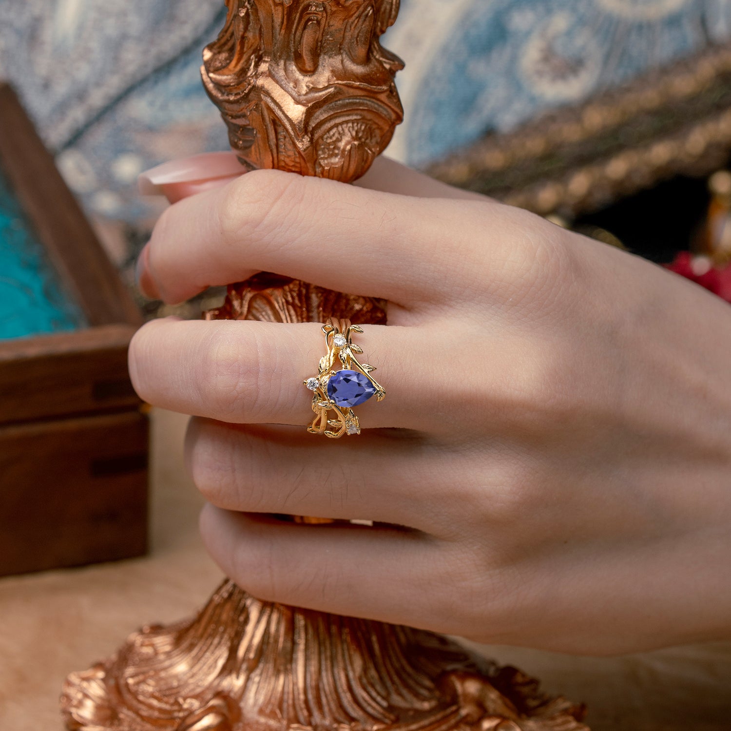 Elegant 3 - Prong Pear - Cut Tanzanite Bridal Ring Set