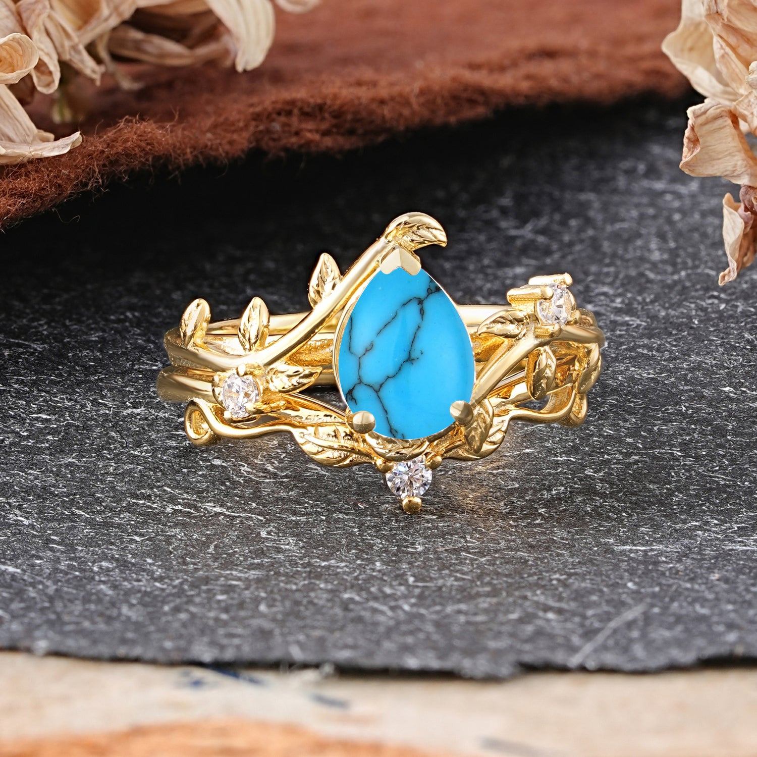 Elegant 3 - Prong Pear - Cut Turquoise Bridal Ring Set