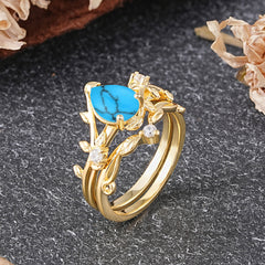 Elegant 3 - Prong Pear - Cut Turquoise Stackable Ring Set