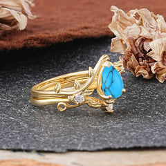 Elegant 3 - Prong Pear - Cut Turquoise Stackable Ring Set
