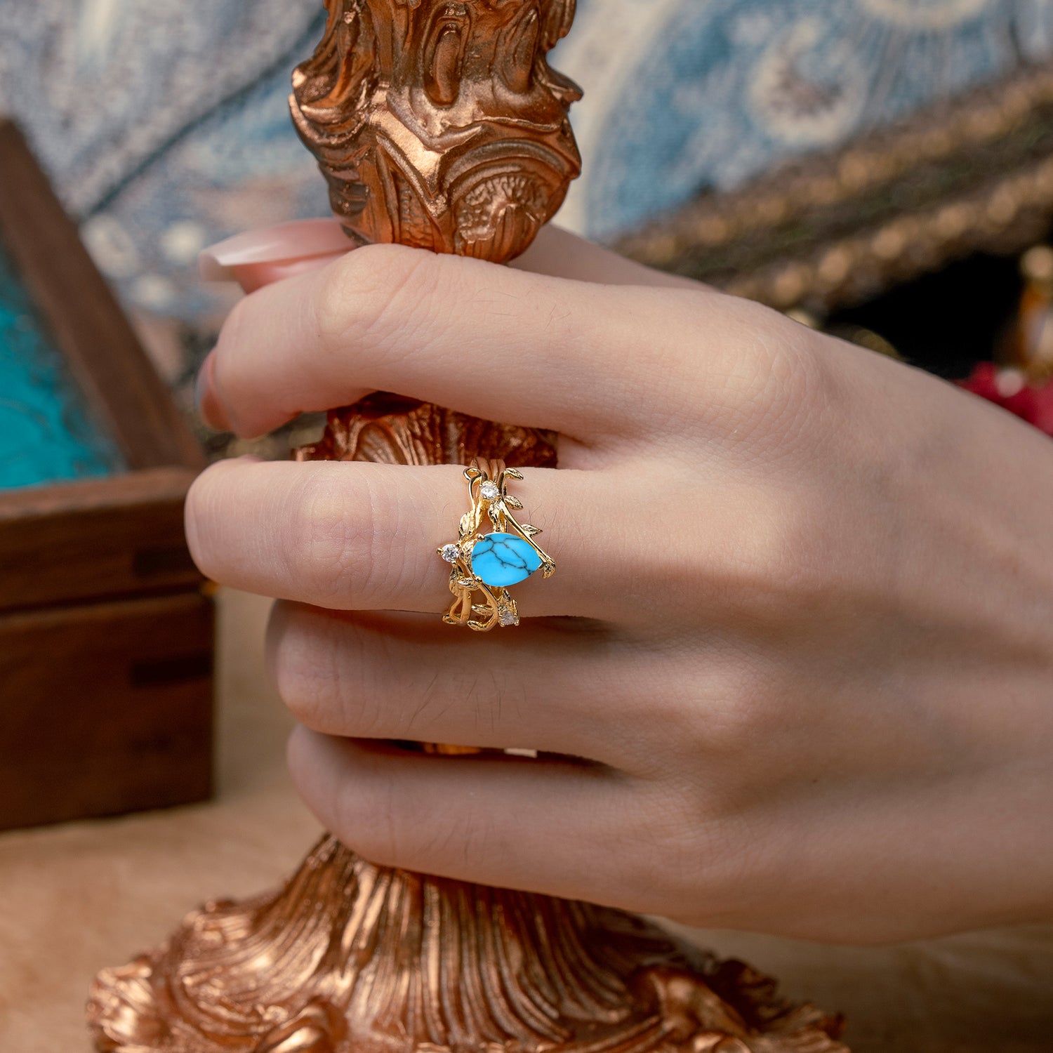 Elegant 3 - Prong Pear - Cut Turquoise Bridal Ring Set