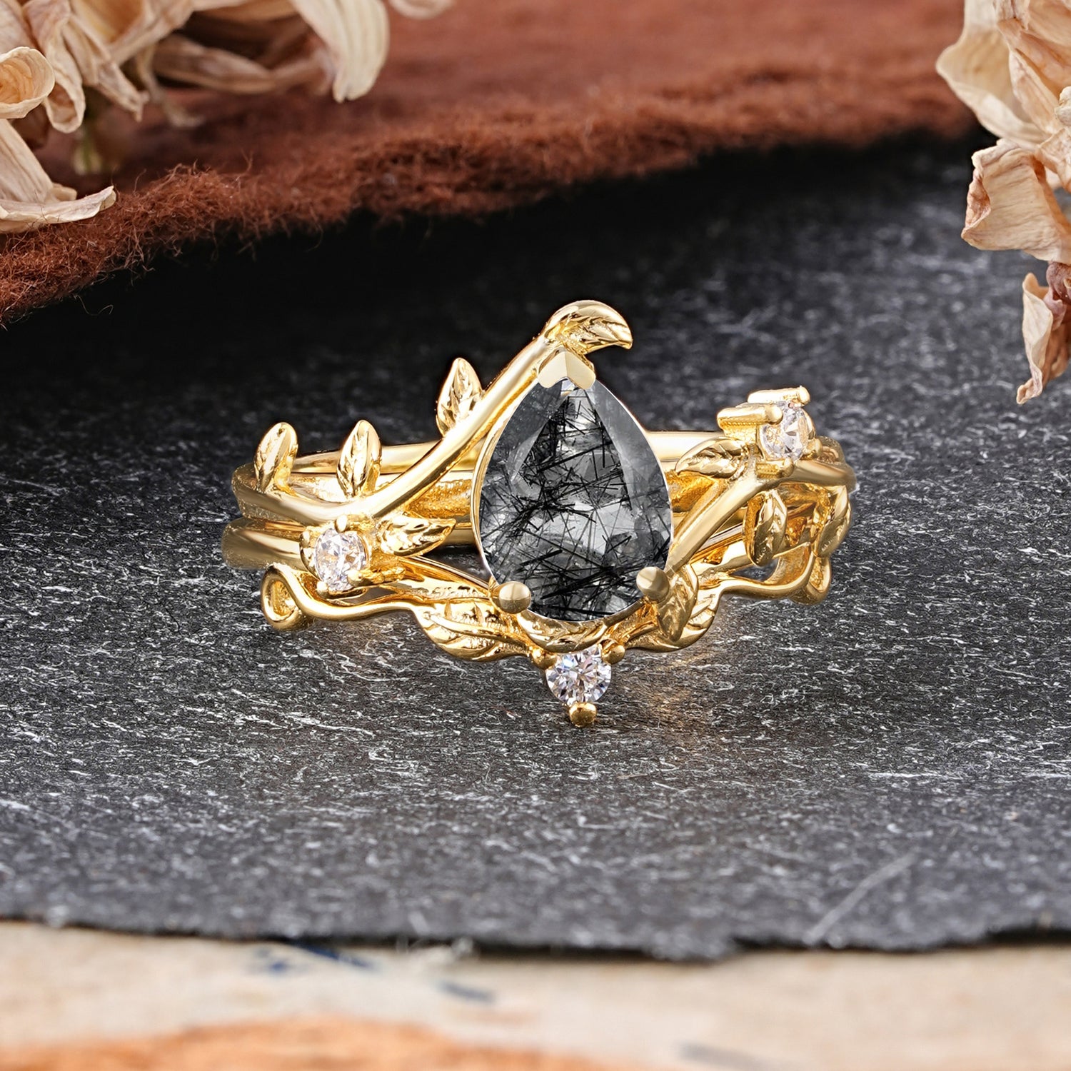 Elegant 3 - Prong Pear - Cut Natural Black Rutilated Quartz Bridal Ring Set