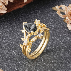 Elegant 3 - Prong Pear - Cut Natural Black Rutilated Quartz Stackable Ring Set