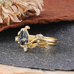 Elegant 3 - Prong Pear - Cut Natural Black Rutilated Quartz Stackable Ring Set