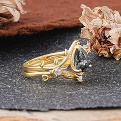 Elegant 3 - Prong Pear - Cut Natural Black Rutilated Quartz Stackable Ring Set