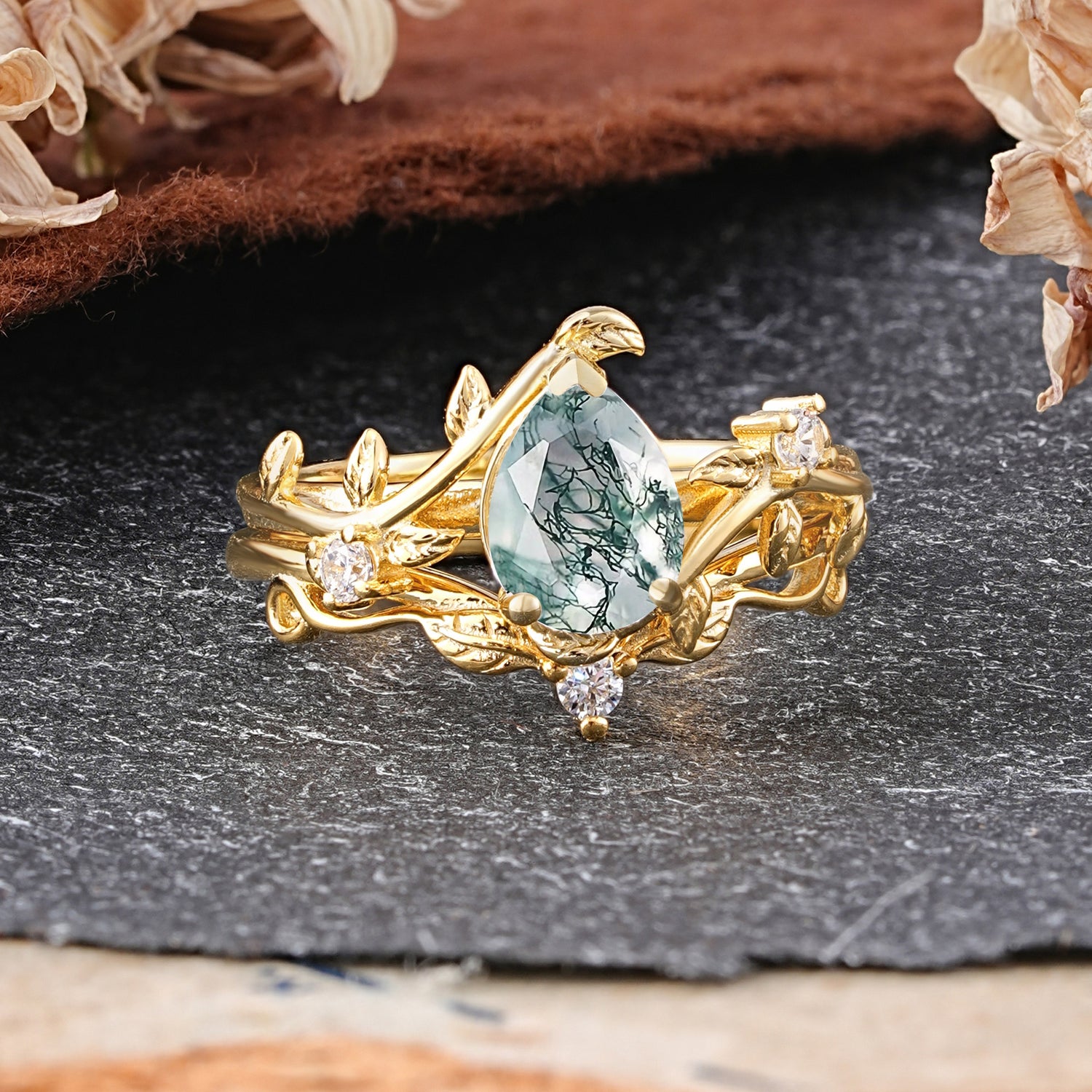 Elegant 3 - Prong Pear - Cut Natural Moss Agate Bridal Ring Set