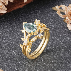 Elegant 3 - Prong Pear - Cut Natural Moss Agate Stackable Ring Ensemble