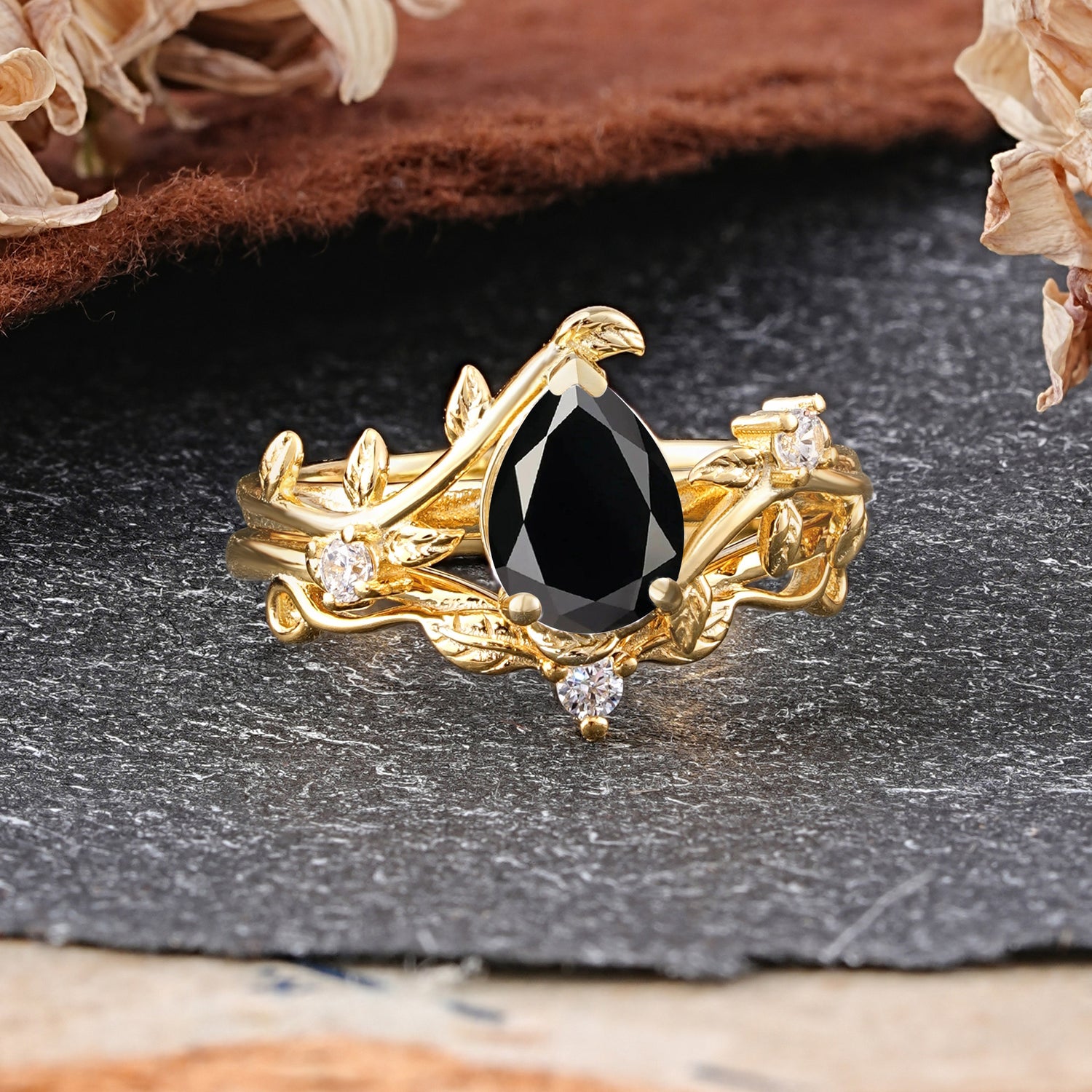 Elegant 3 - Prong Pear - Cut Black Onyx Bridal Ring Set