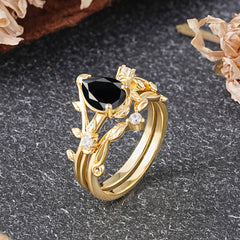 Elegant 3 - Prong Pear - Cut Black Onyx Stackable Ring Set