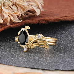 Elegant 3 - Prong Pear - Cut Black Onyx Stackable Ring Set