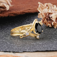 Elegant 3 - Prong Pear - Cut Black Onyx Stackable Ring Set