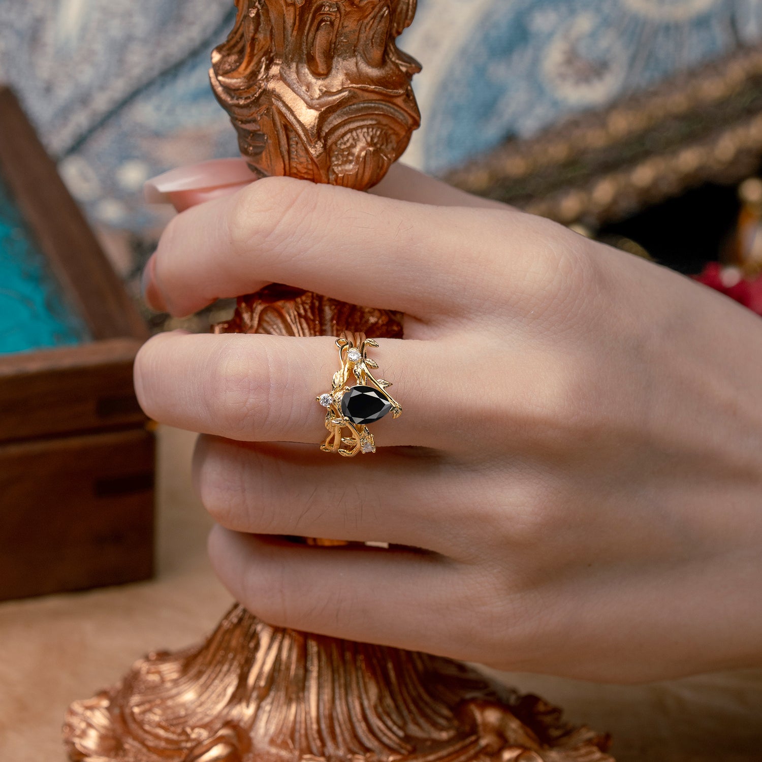 Elegant 3 - Prong Pear - Cut Black Onyx Bridal Ring Set