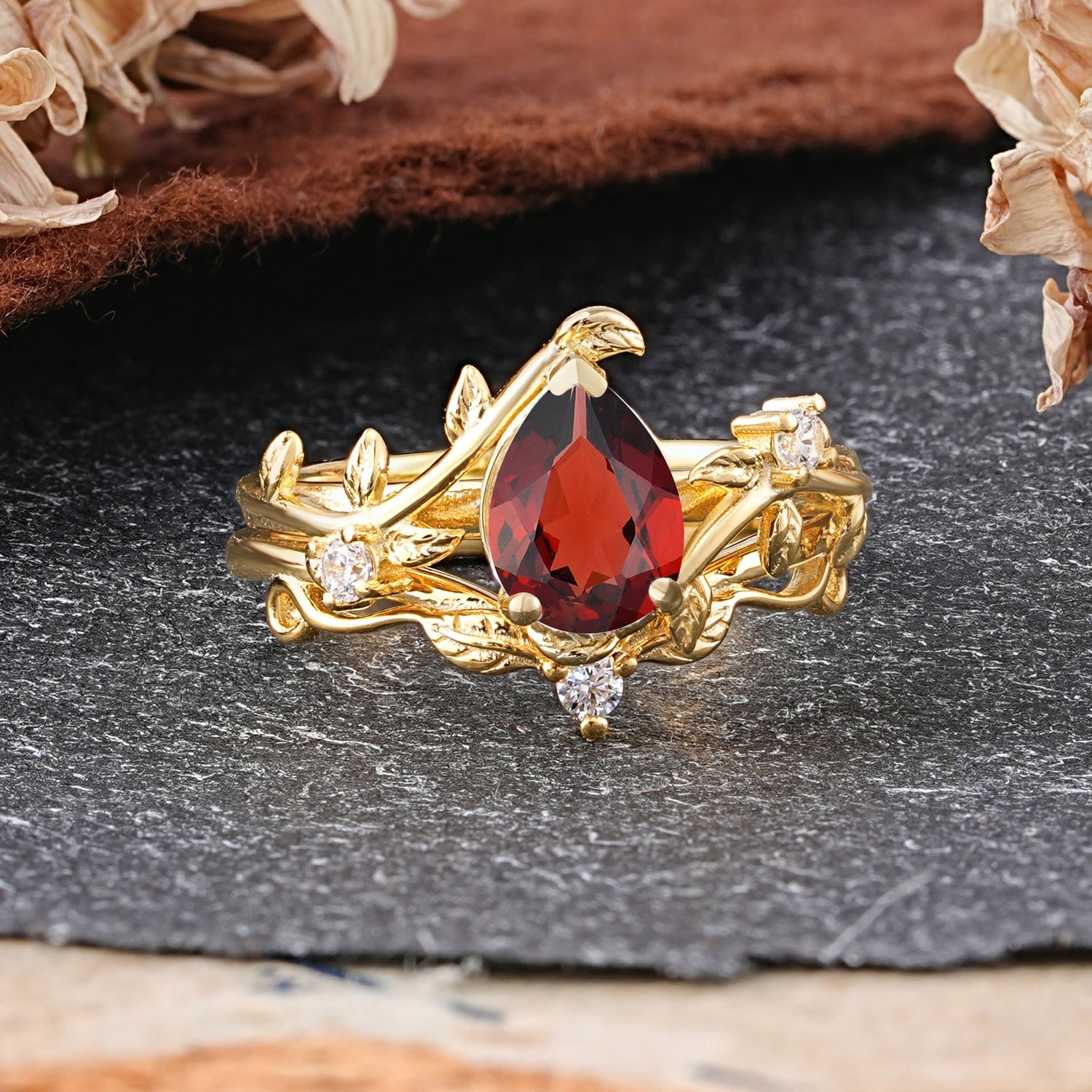 Elegant 3 - Prong Pear - Cut Garnet Bridal Ring Set