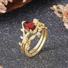 Elegant 3 - Prong Pear - Cut Garnet Stackable Ring Ensemble