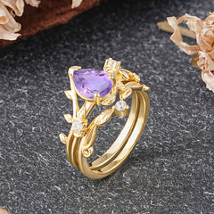 Elegant 3 - Prong Pear - Cut Natural Amethyst Stackable Ring Set