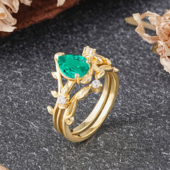 Elegant 3 - Prong Pear - Cut Emerald Stackable Ring Set