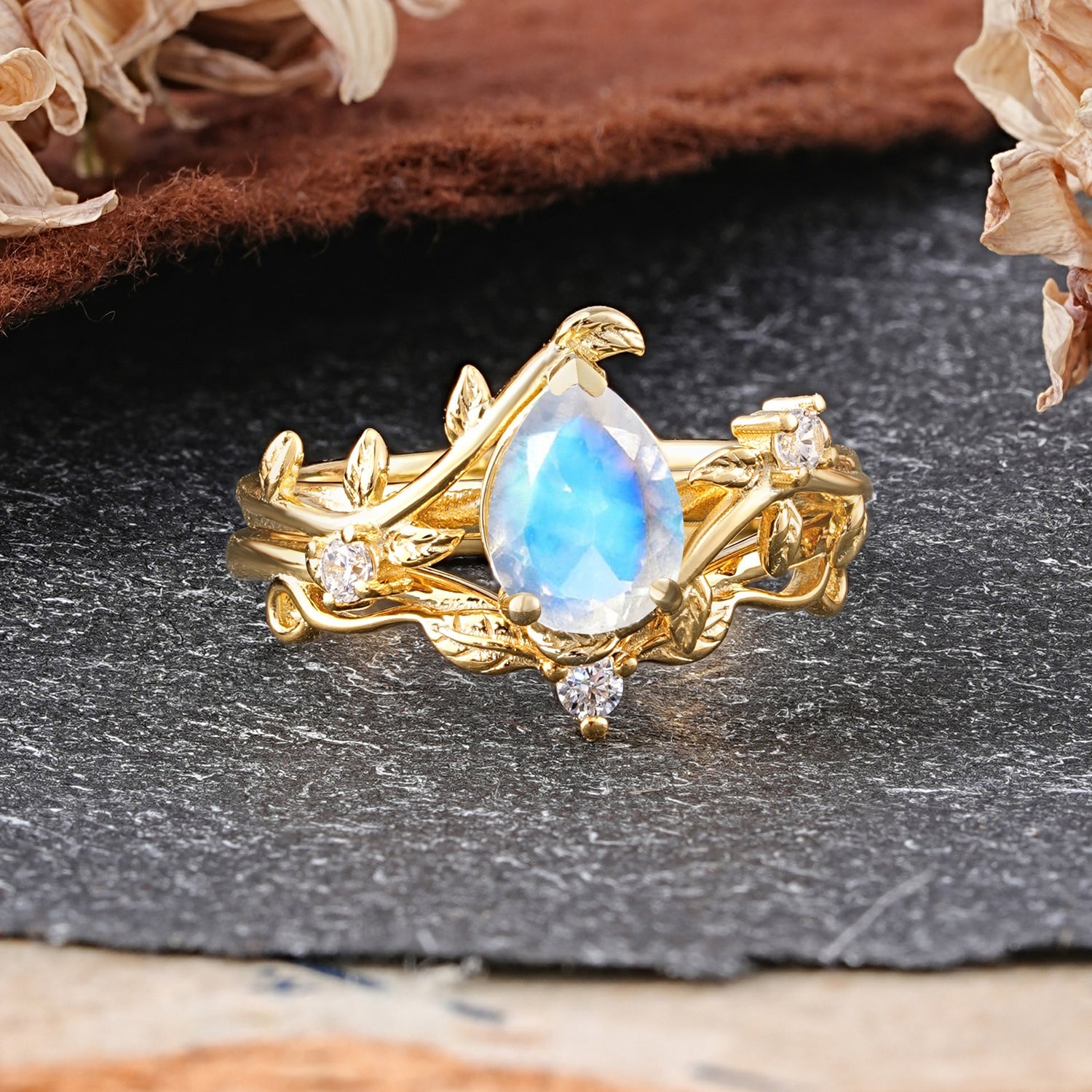 Elegant 3 - Prong Pear - Cut Moonstone Bridal Ring Set