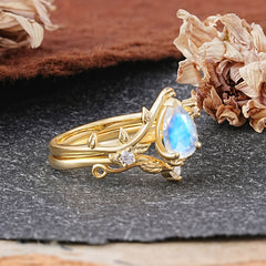 Elegant 3 - Prong Pear - Cut Moonstone Stackable Ring Set