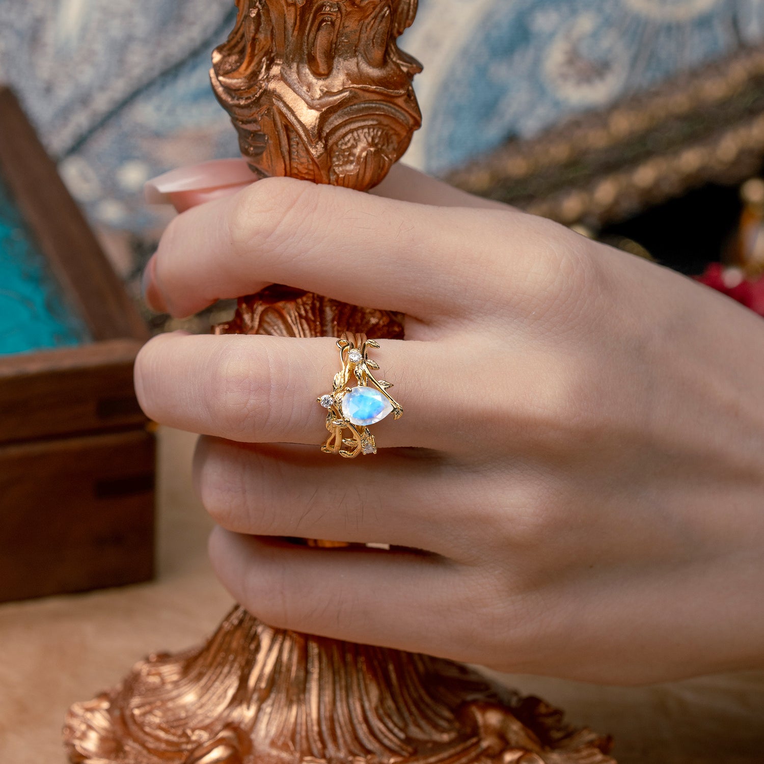 Elegant 3 - Prong Pear - Cut Moonstone Bridal Ring Set