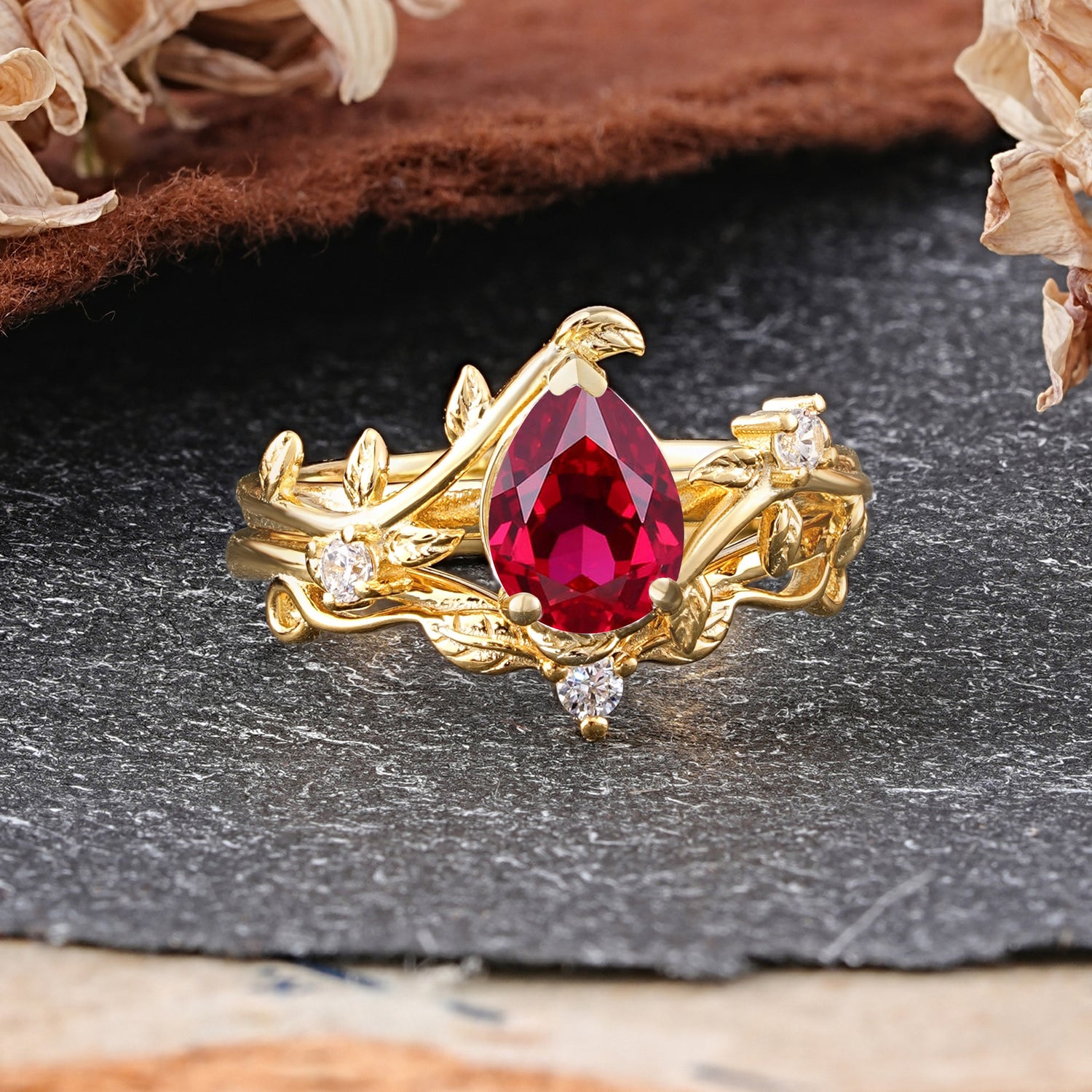 Elegant 3 - Prong Pear - Cut Ruby Bridal Ring Set