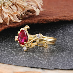 Elegant 3 - Prong Pear - Cut Natural Ruby Stackable Ring Set