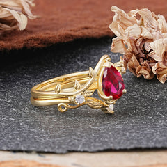 Elegant 3 - Prong Pear - Cut Natural Ruby Stackable Ring Set