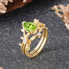 Elegant 3 - Prong Pear - Cut Peridot Stackable Ring Set