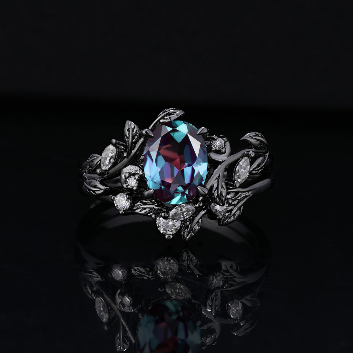 Dark Romantic Oval Botanical Leaf and Vine Engagement Ring