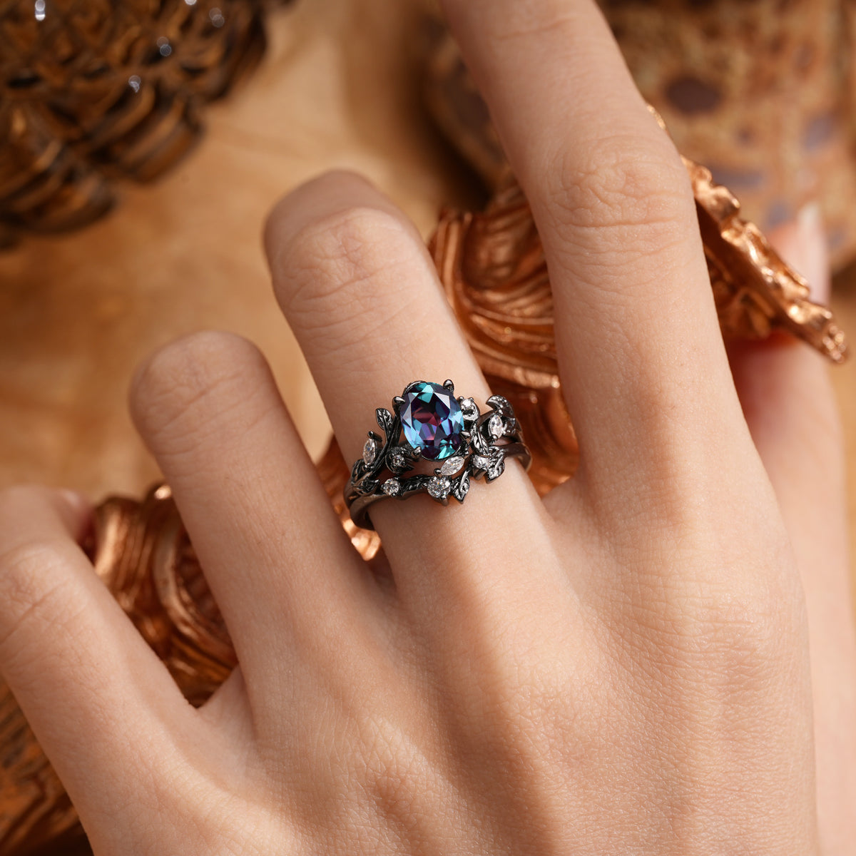 Dark Romantic Oval Botanical Leaf and Vine Engagement Ring