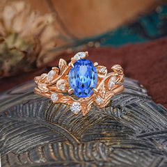 1.15 CT Delicate Leaf Accented 4 Prong Oval Shaped Sapphire Ring Sets