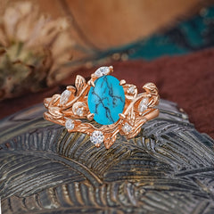 1.15 CT Delicate Leaf Accented 4 Prong Oval Shaped Turquoise Ring Sets