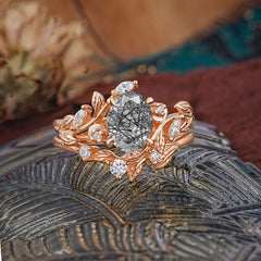 1.15 CT Delicate Leaf Accented 4 Prong Oval Shaped Black Rutilated Quartz Ring Sets