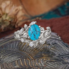 1.15 CT Delicate Leaf Accented 4 Prong Oval Shaped Turquoise Ring Sets