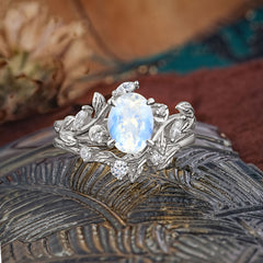 1.15 CT Delicate Leaf Accented 4 Prong Oval Shaped Moonstone Ring Sets