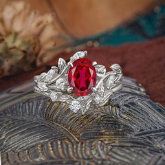 1.15 CT Delicate Leaf Accented 4 Prong Oval Shaped Ruby Ring Sets