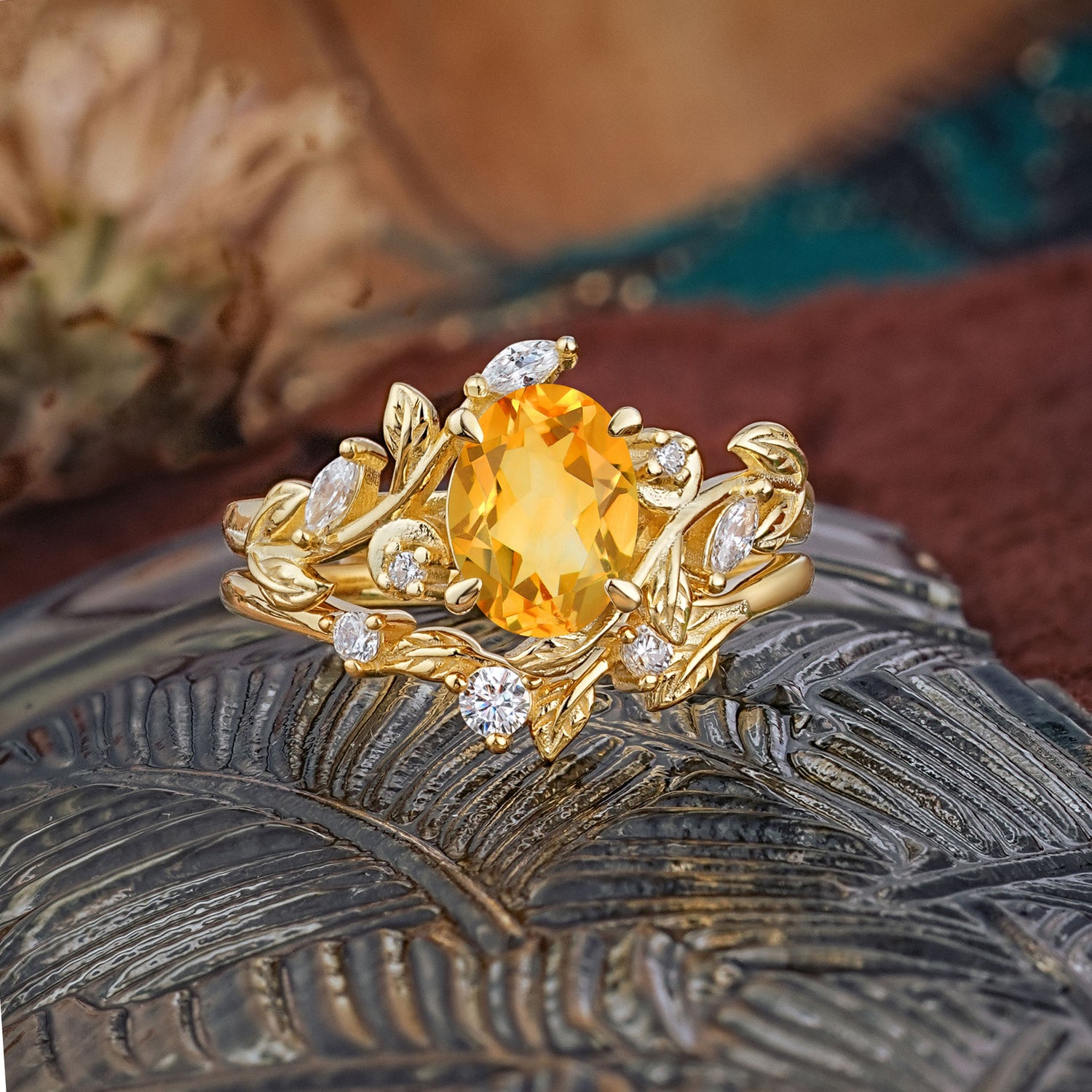 1.15 CT Delicate Leaf Accented 4 Prong Oval Shaped Citrine Bridal Ring Set