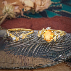 1.15 CT Delicate Leaf Accented 4 Prong Oval Shaped Citrine Ring Sets