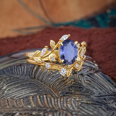 1.15 CT Delicate Leaf Accented 4 Prong Oval Shaped Tanzanite Ring Sets