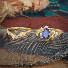 1.15 CT Delicate Leaf Accented 4 Prong Oval Shaped Tanzanite Ring Sets